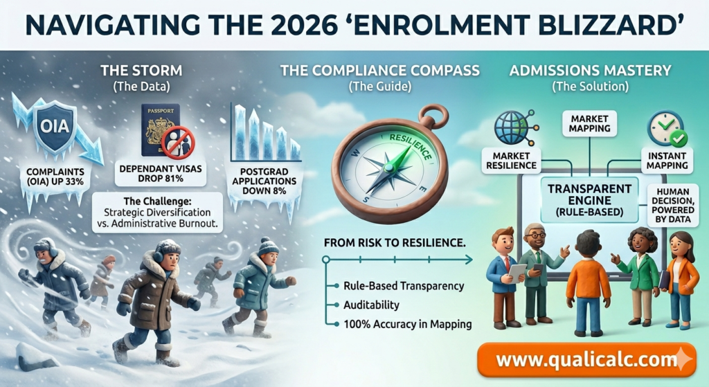 International admissions in 2026 aren’t shrinking — they’re shifting Infographic: navigating the 2026 enrolment blizzard — the data storm, the compliance compass, and admissions mastery with rule-based scoring.